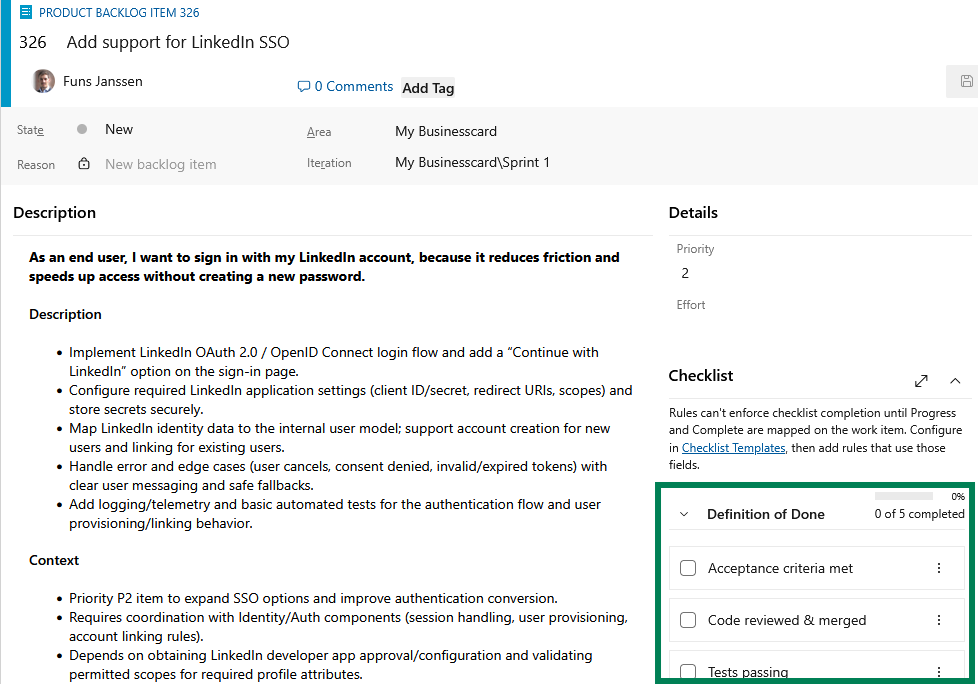 Azure DevOps work item form with the extension's Checklist group visible and at least one checklist expanded.
