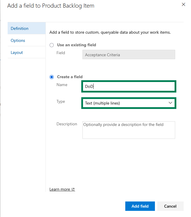 New field dialog configured for a checklist content field, with a multiline text field name and the layout/group settings visible.