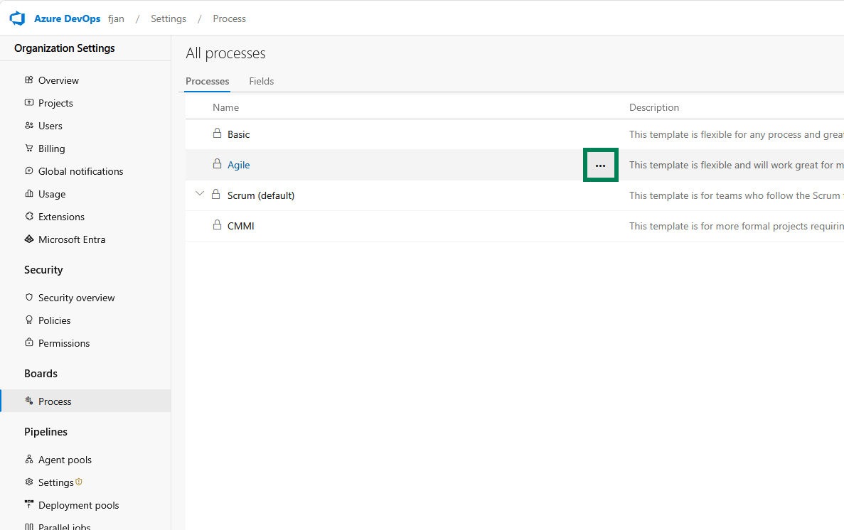 Organization settings > Boards > Process showing a system process and its ... menu open with Create inherited process visible.