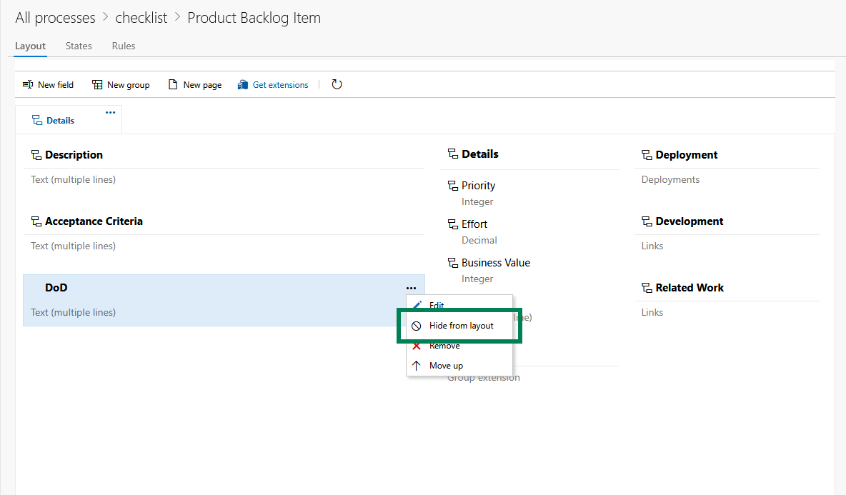 Work item type layout editor with the checklist content field already added.