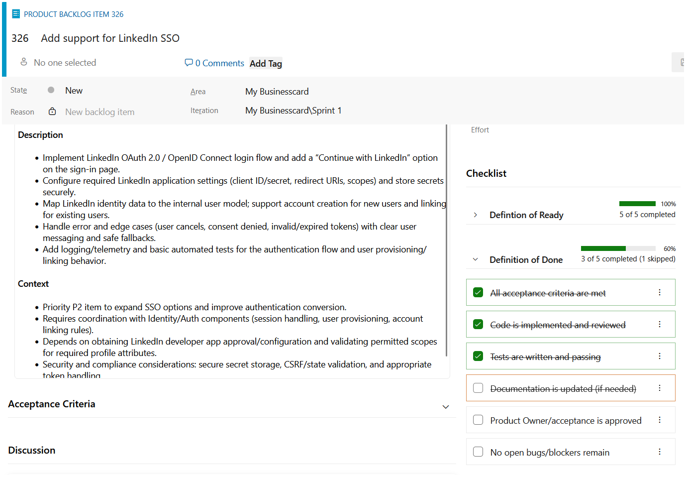 Work item form showing two separate checklists, one expanded and one collapsed, with at least one skipped item visible.