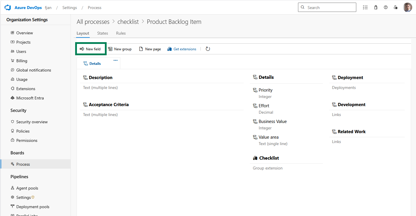 Work item type editor in the inherited process, showing the target work item type and the New field action.