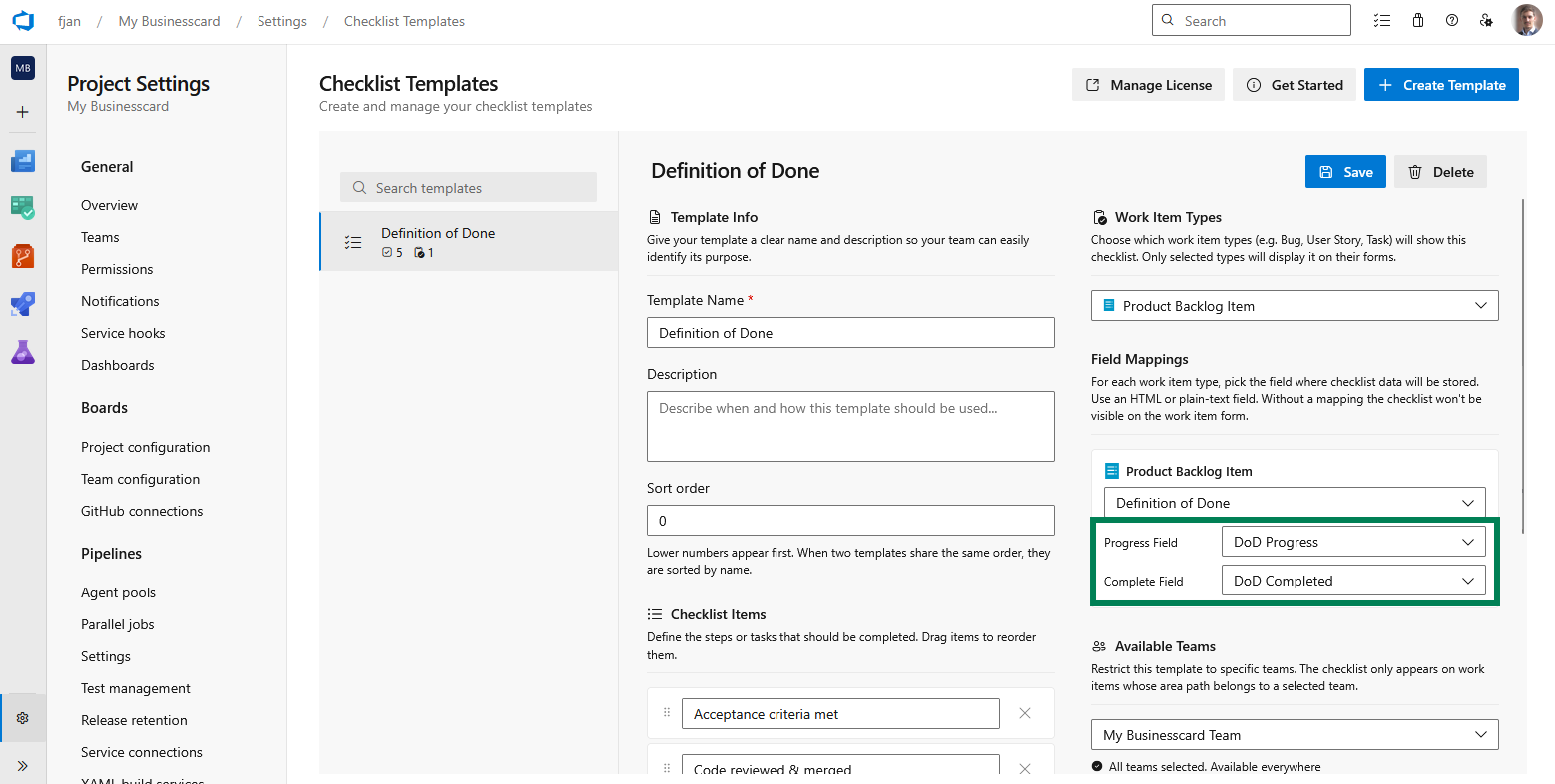 Azure DevOps board card settings with custom card fields configured to show checklist progress or completion.