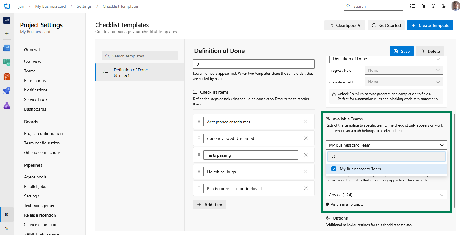 Template editor with Available teams and Visible in projects settings visible for one template.