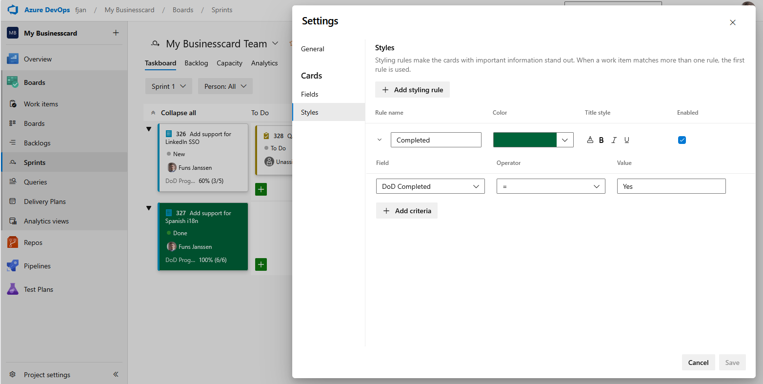 Board Styles or Card styles screen with a rule based on the checklist Progress or Complete field.