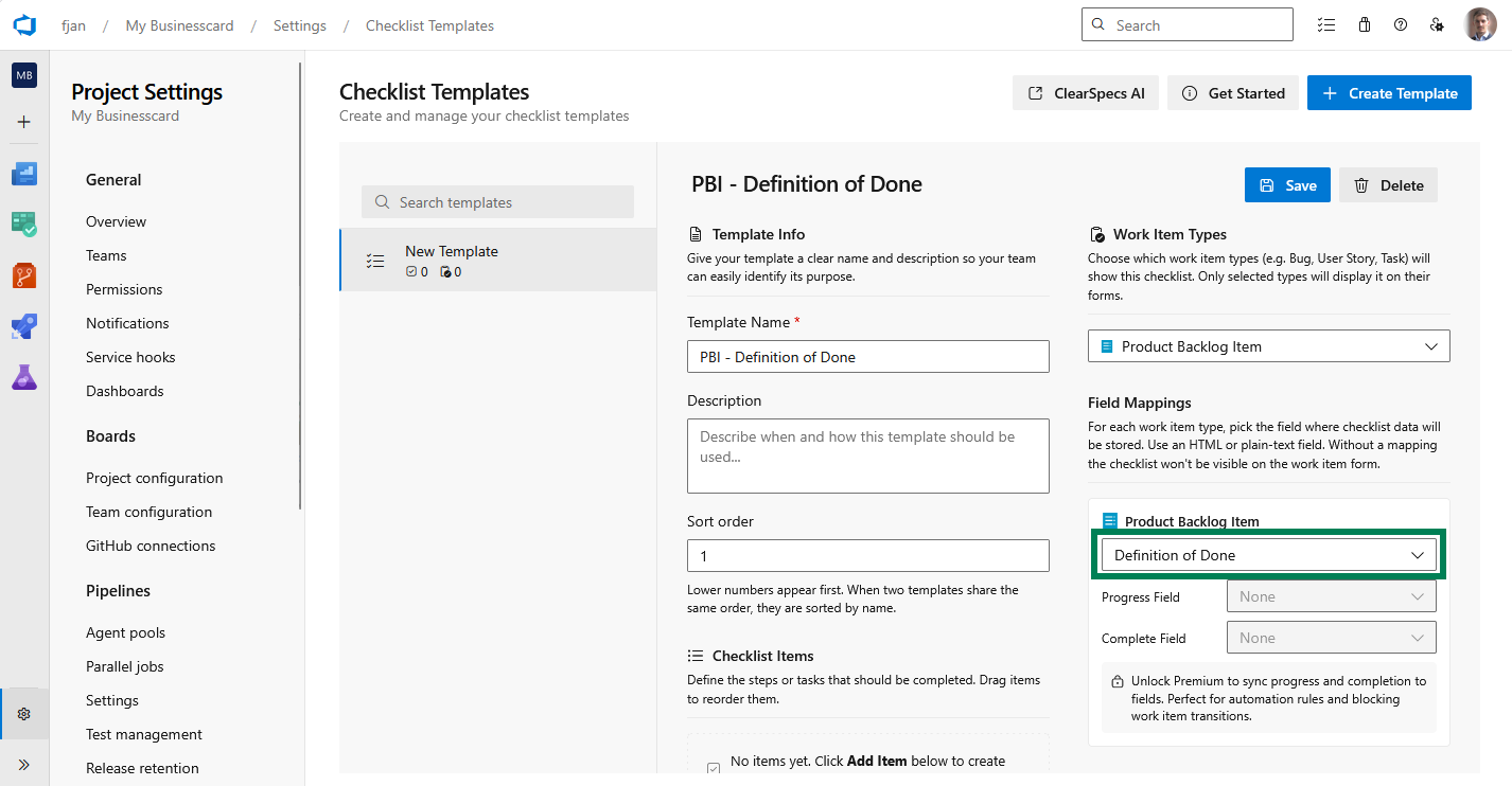 Template editor showing work item types and field mappings
