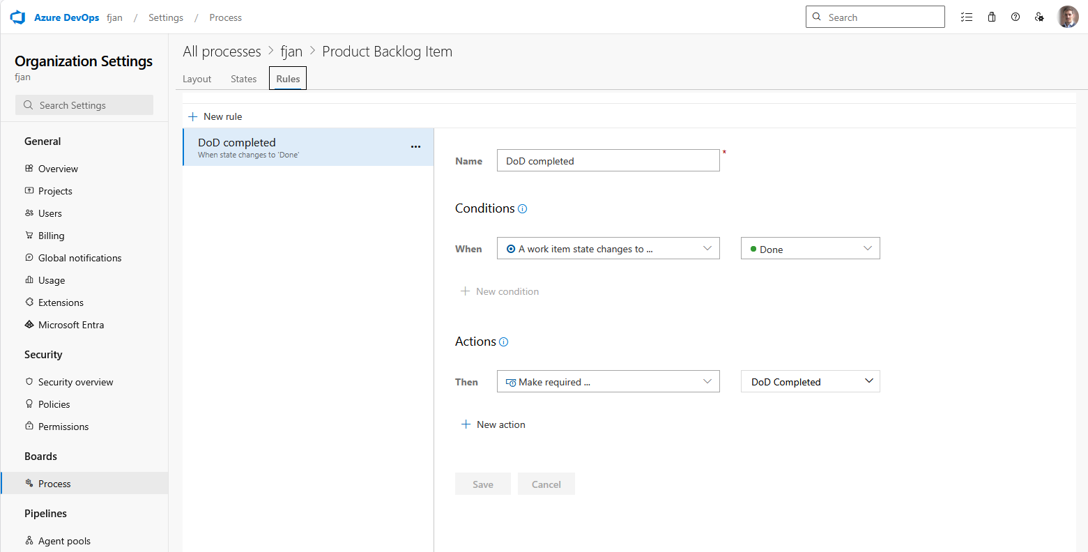 Inherited process rule editor showing a state-change rule that checks the checklist Complete field before allowing a move to Done or Closed.